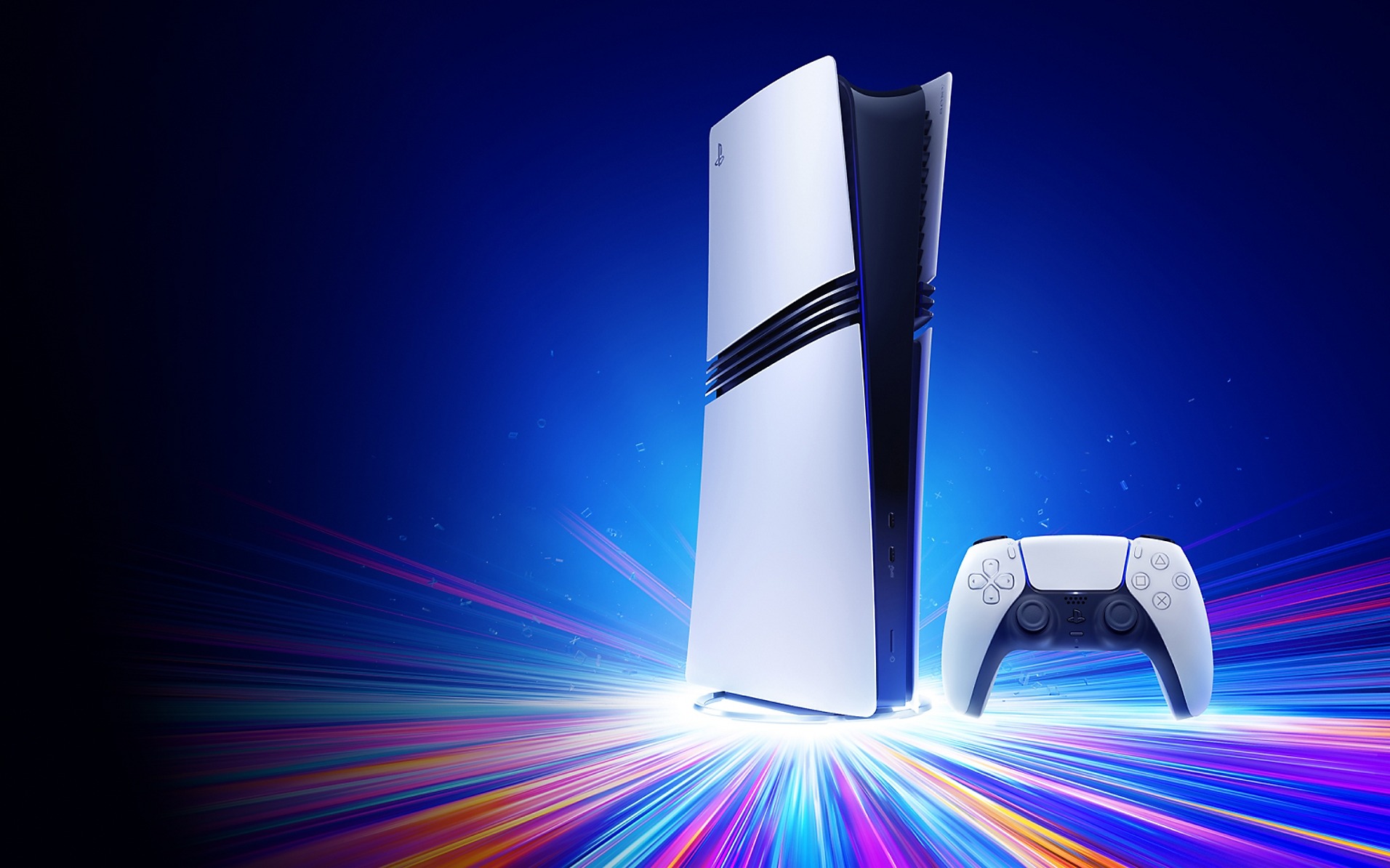 White PlayStation 5 Pro console and DualSense controller on a blue background